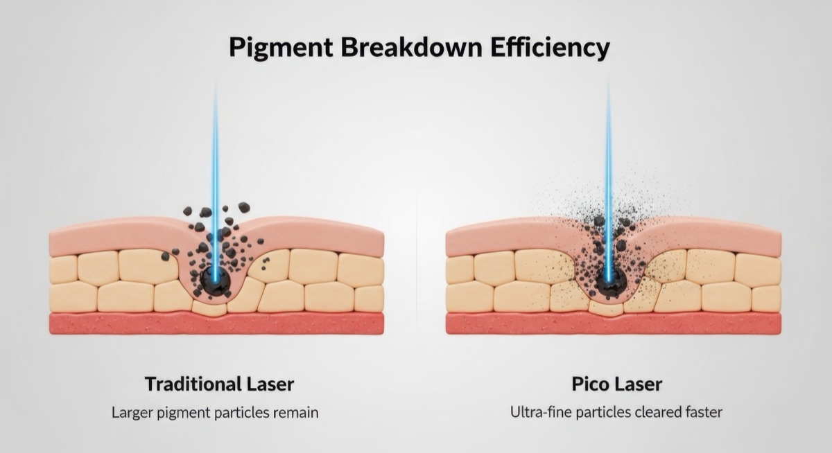 Diagram comparing traditional laser pigment breakdown to picosecond laser pigment breakdown